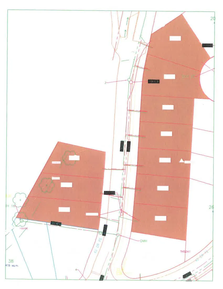 Detailed site plan of Chilco Road showing specific residential lots highlighted in red, with lot numbers, technical survey markers, and square meterage for adjacent lots.