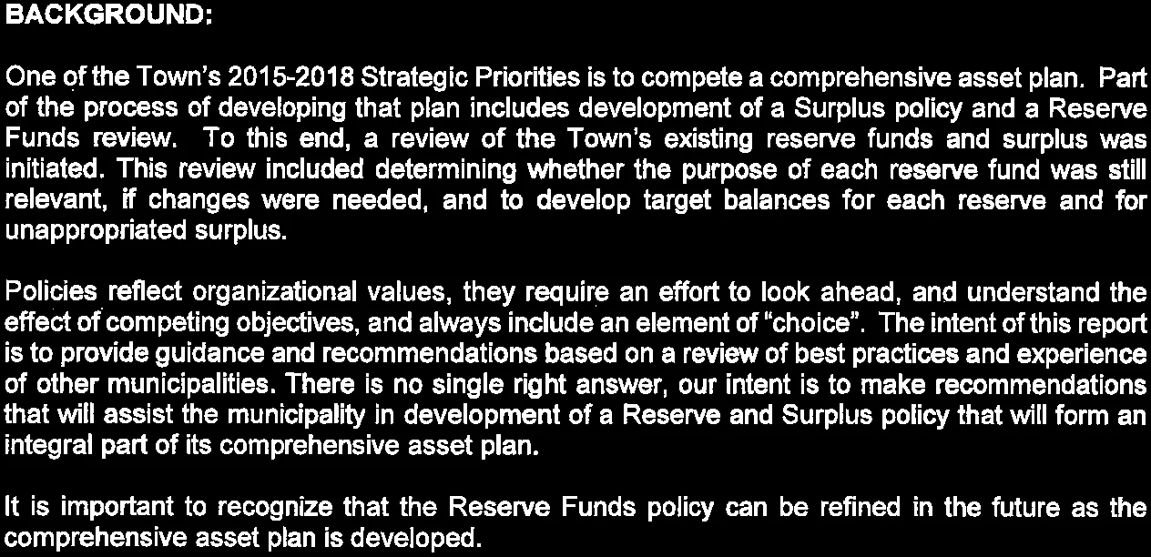 Background text regarding the 2015-2018 Strategic Priorities and the intent of the Reserve and Surplus review