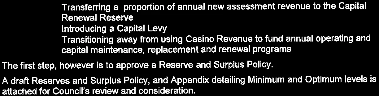 Discussion on the treatment of Casino Funds, Community Works Gas Tax, and target balance methodology