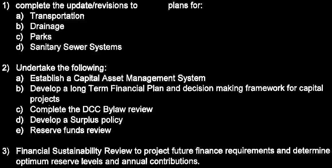 Numbered list of projects including update to master plans, establishing asset management systems, and financial sustainability reviews
