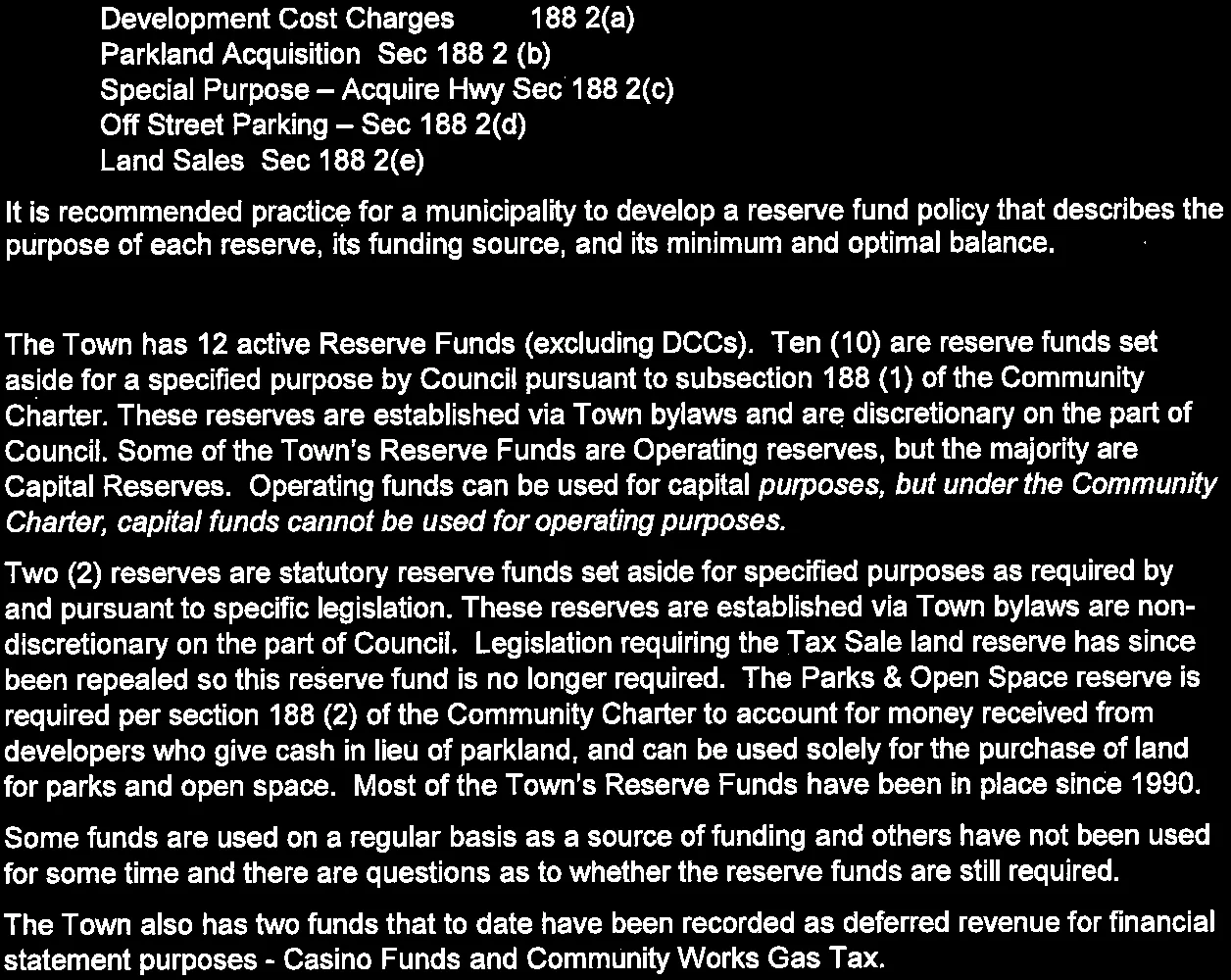 List of statutory reserve funds per Section 188(2) of the Community Charter