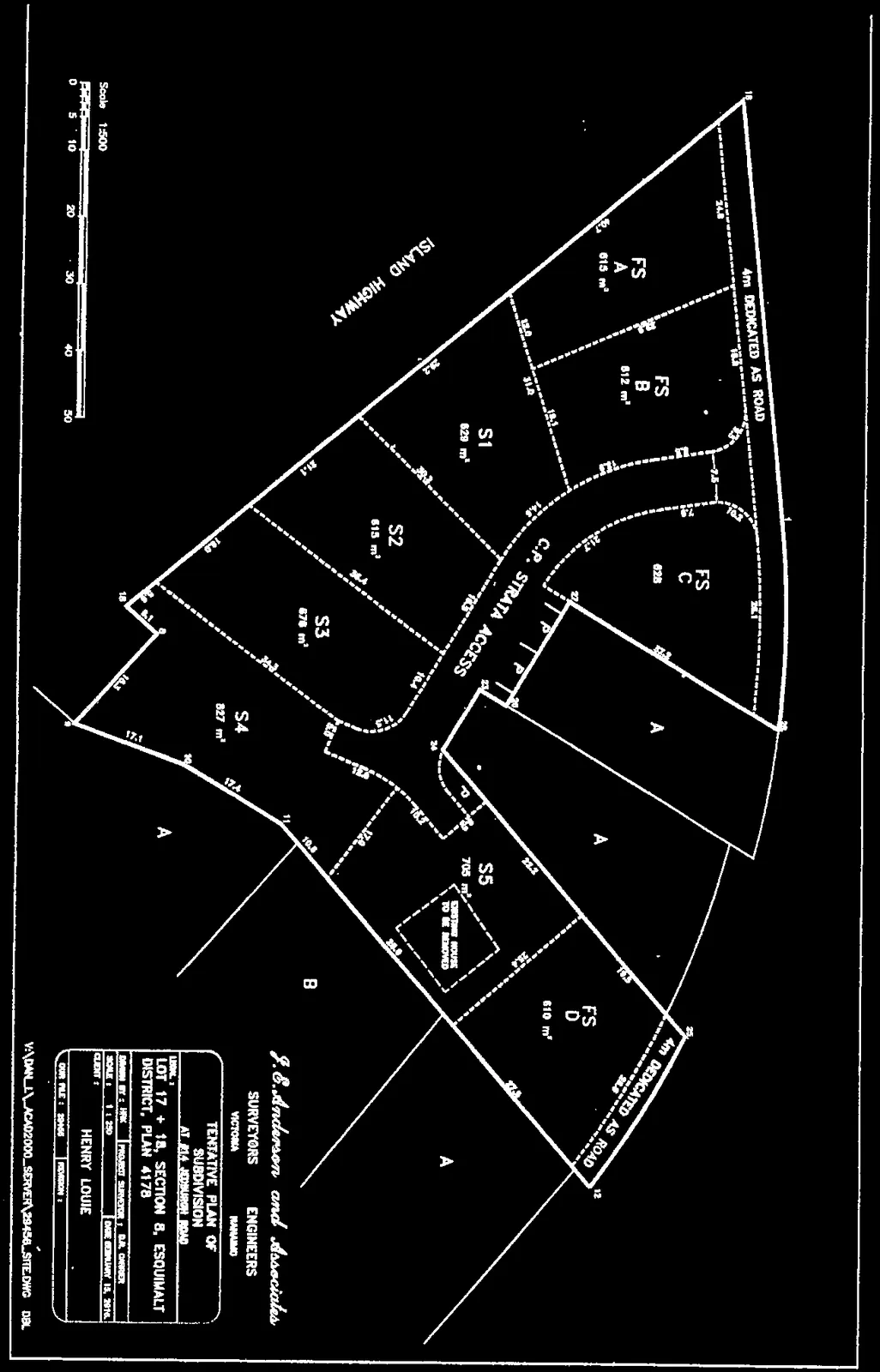 Tentative Plan of Subdivision for #214 Jedburgh Road showing the proposed layout of nine lots (FS A-D and S1-S5), a strata access road, and surrounding roads including Island Highway and Jedburgh Road.