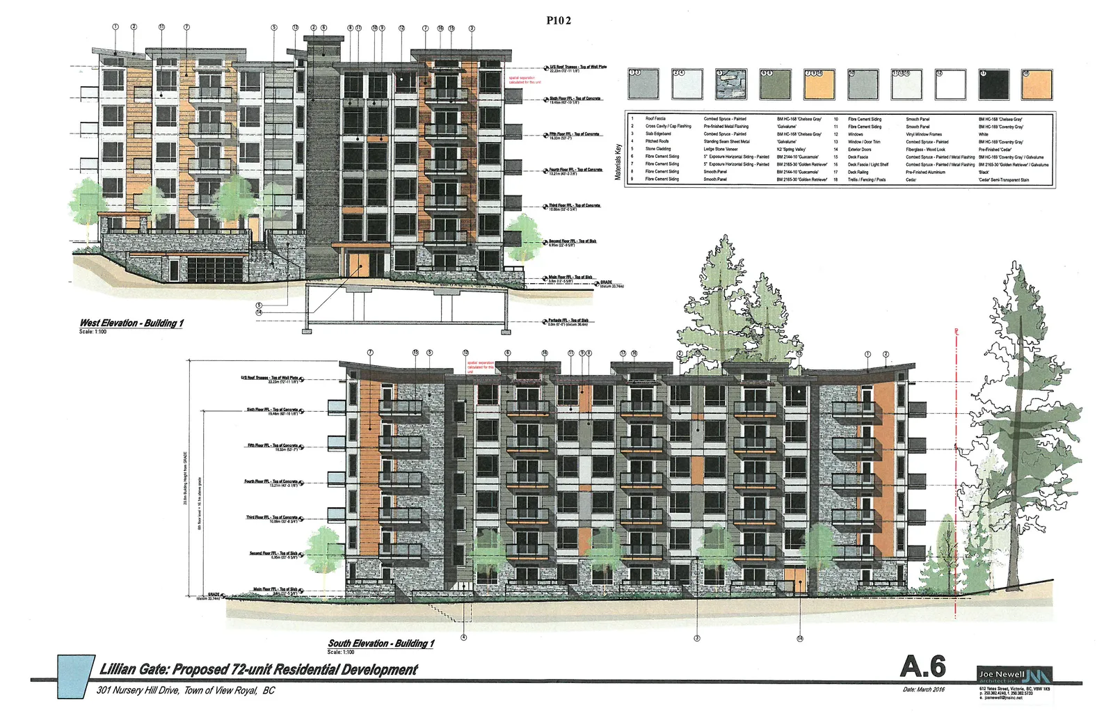 Site Plan showing Building 1 and Townhouse Rows (Buildings 2 and 3), parking layout, and landscaping
