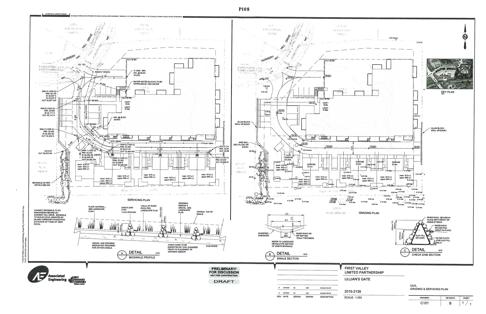 Full engineering drawing showing the Servicing Plan, Grading Plan, and construction details for the Lillian's Gate development.