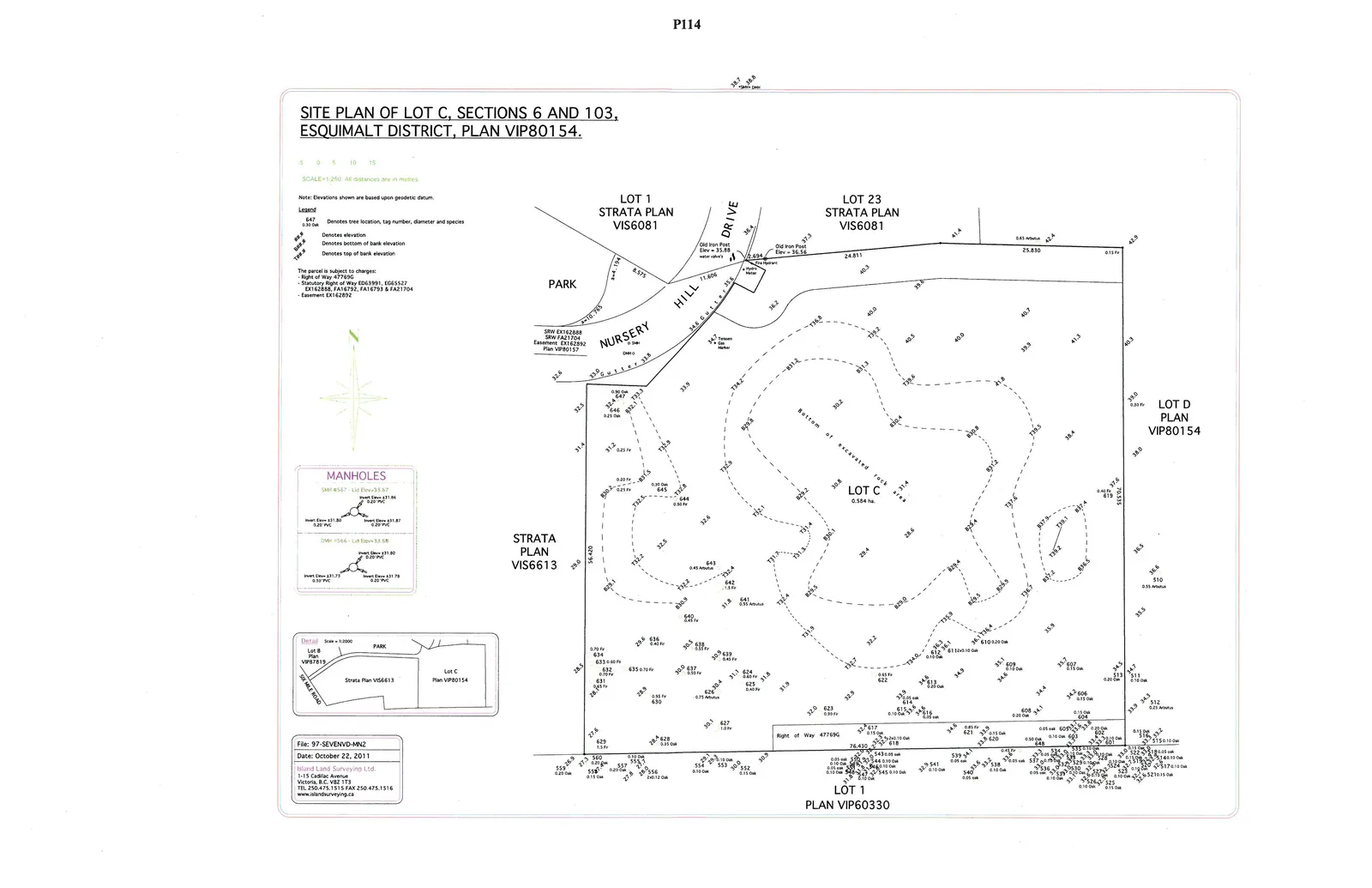 Detailed site plan of Lot C showing topographic contours, a large central area labeled "Bottom of excavated rock", and an extensive tree inventory with tag numbers, diameters, and species (e.g., Oak, Arbutus, Fir). The plan indicates property boundaries adjacent to Nursery Hill Drive, Lot 1 and Lot 23 Strata Plan VIS6081, Lot D Plan VIP80154, Lot 1 Plan VIP60330, and Strata Plan VIS6613.