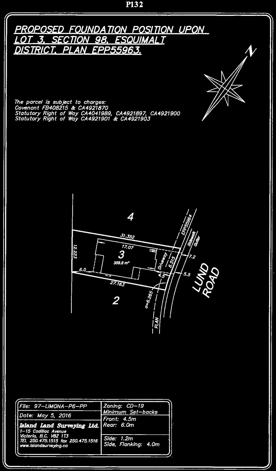 Survey plan for Lot 3, Section 98, Esquimalt District, showing the proposed foundation position, building setbacks, and lot dimensions. The lot area is noted as 358.8 m².