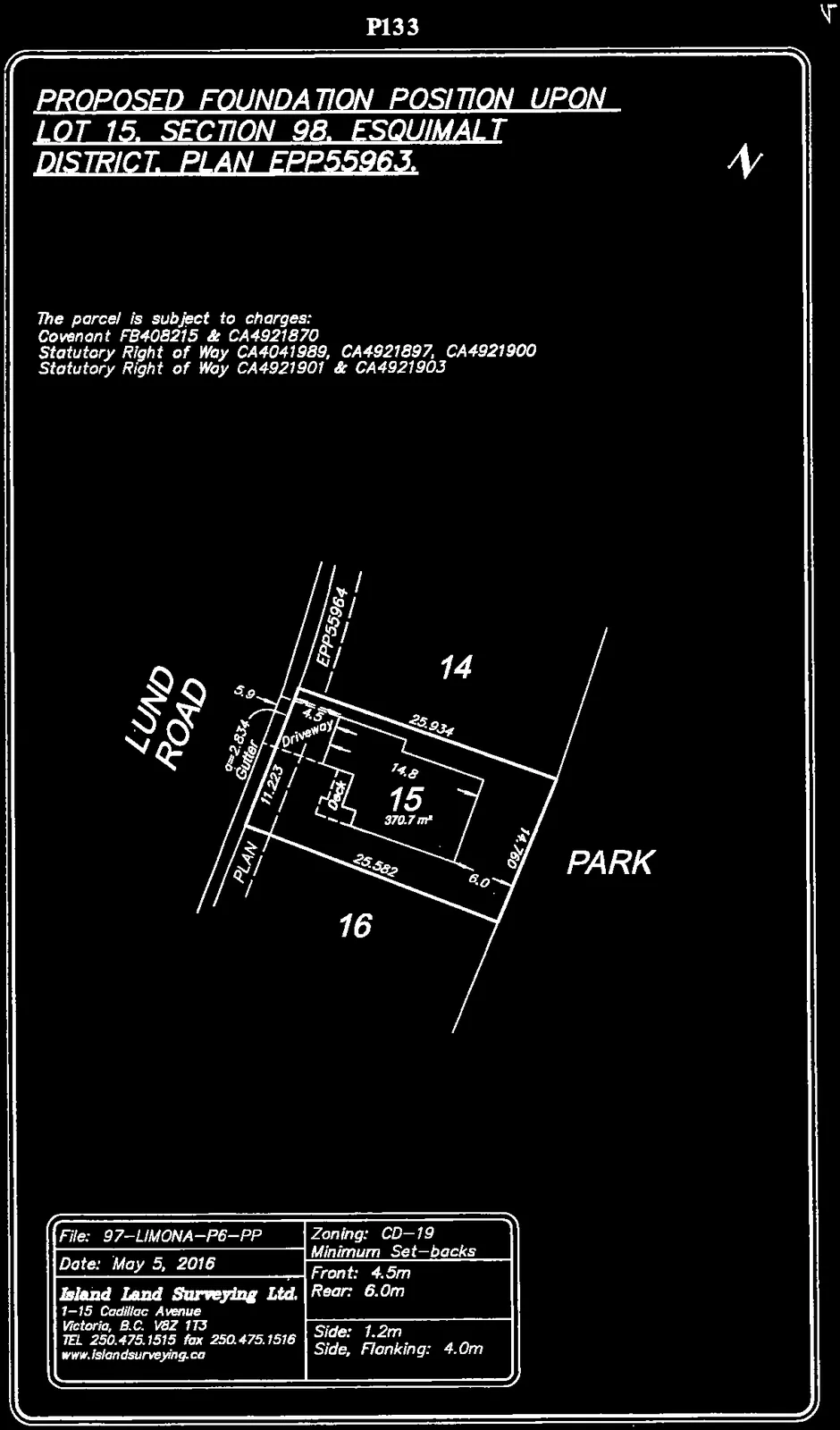 Survey plan for Lot 15, Section 98, Esquimalt District, illustrating the proposed foundation position including a deck, lot dimensions, and adjacency to a park. The lot area is noted as 370.7 m².