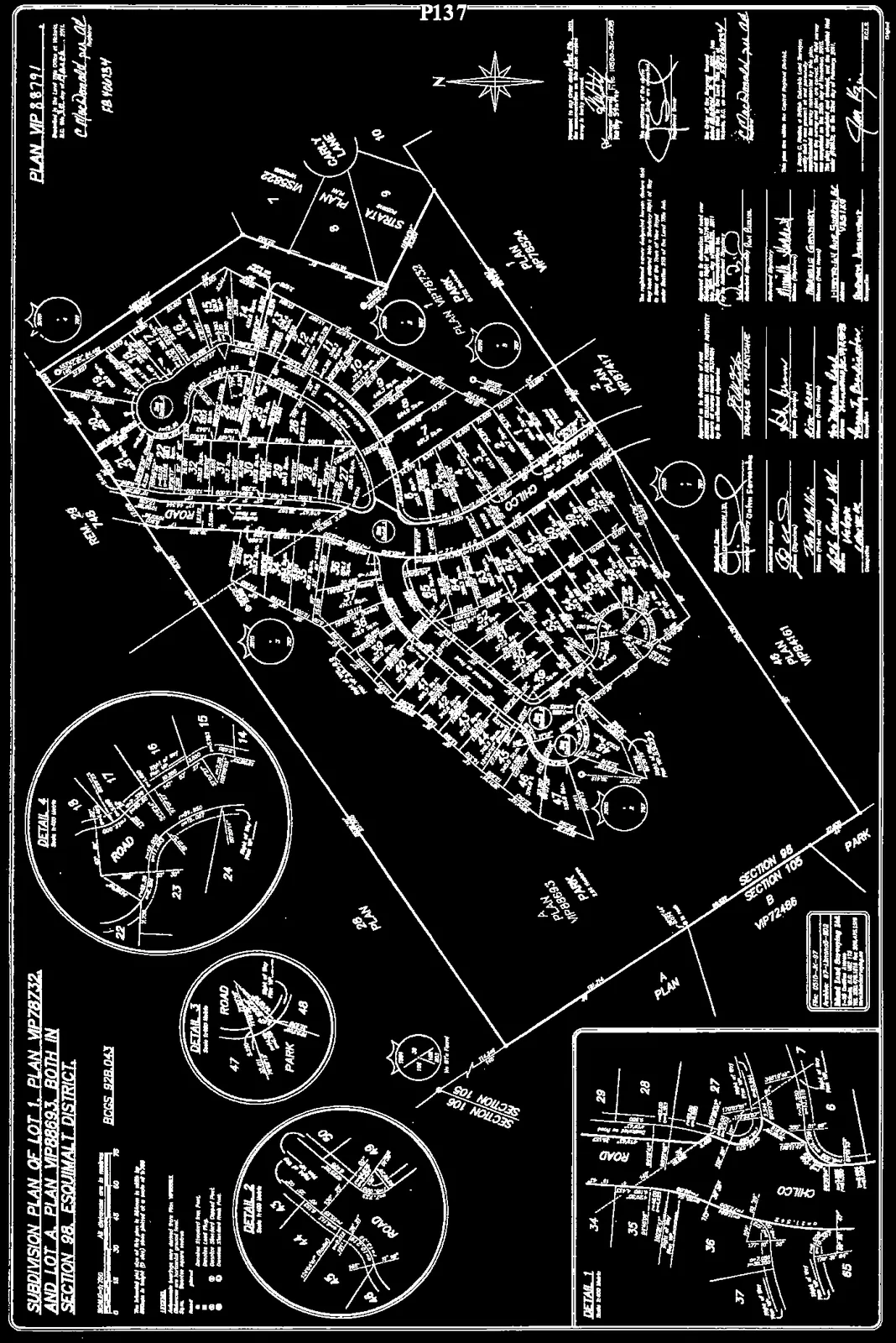 Detailed subdivision plan map for Section 98, Section 105, and Section 106 in Esquimalt District, showing lot layouts, roads, and park areas.