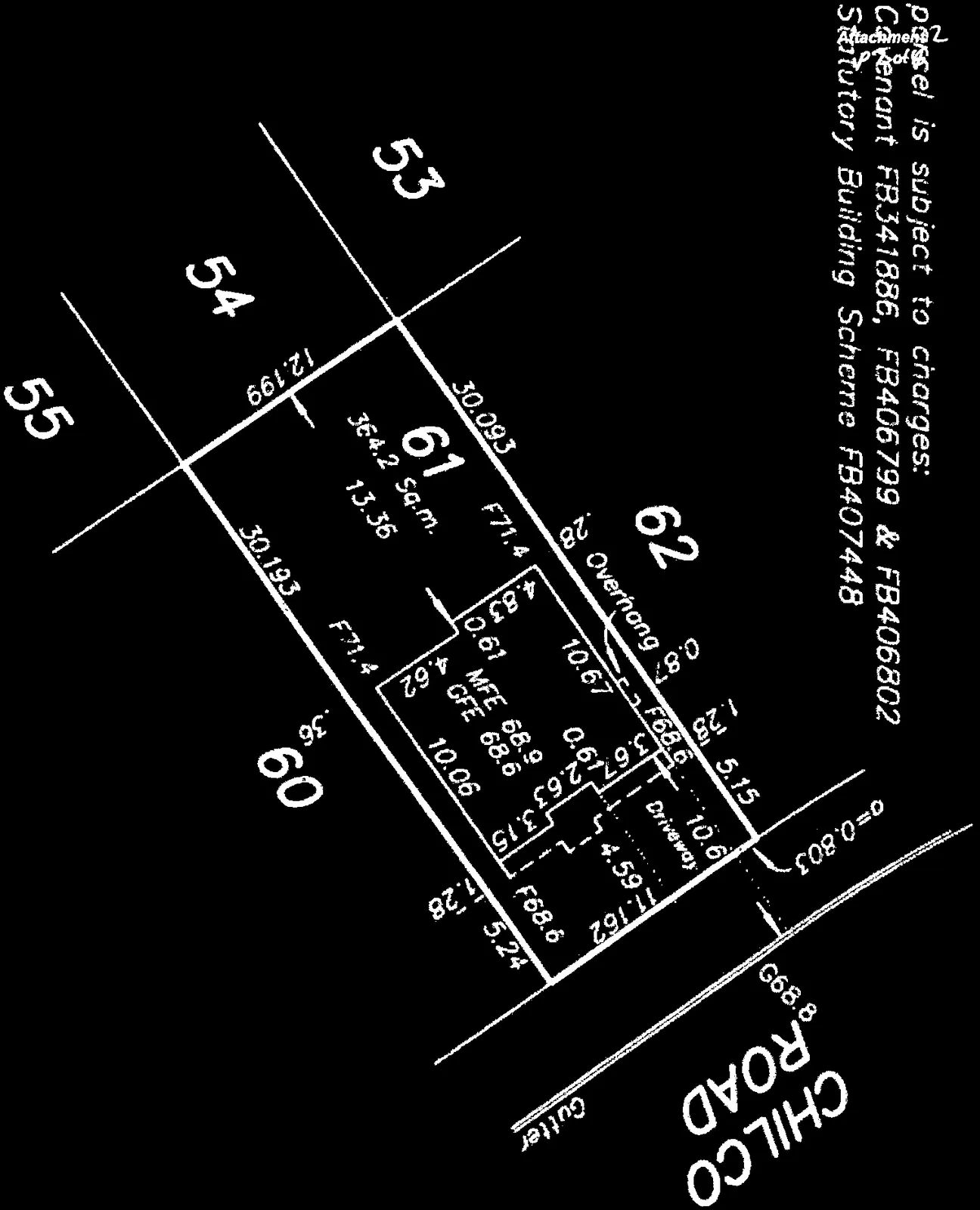 Technical site plan for Lot 61 on Chilco Road, detailing lot dimensions, building footprint, and driveway area with measurements