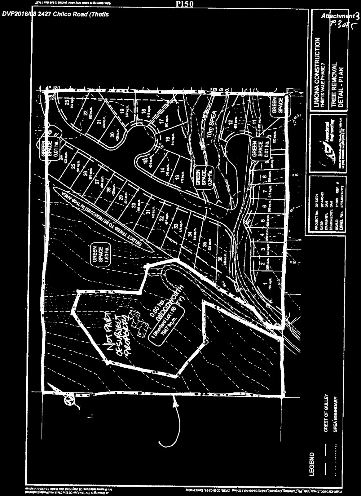 Site plan showing lot layout, green spaces, and tree removal areas for Thetis Vale Phase 7