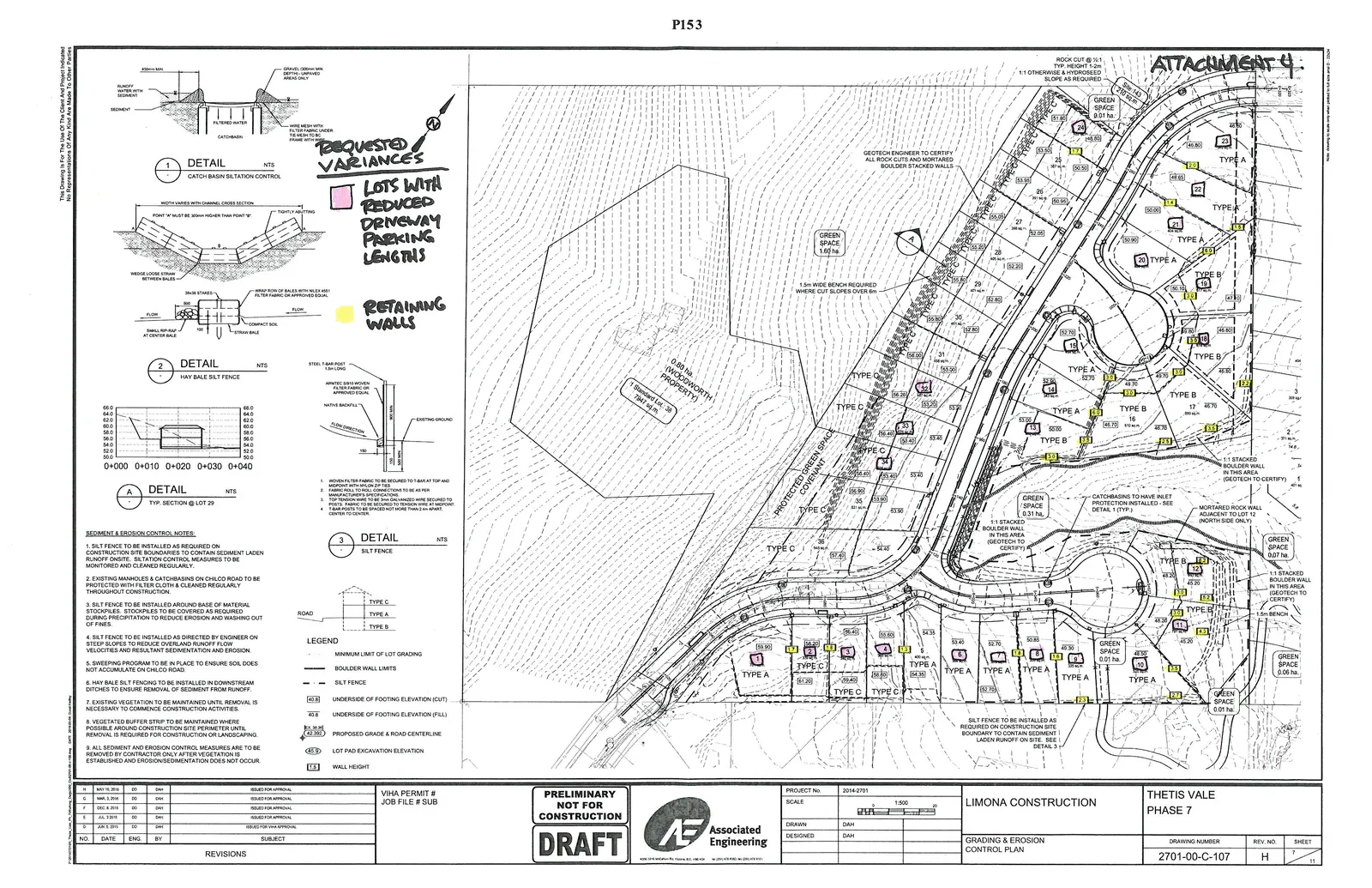 Engineering drawing titled "GRADING & EROSION CONTROL PLAN" for "THETIS VALE PHASE 7" showing lot layout, grading, and erosion control measures. The drawing includes details for siltation control, a legend, and sediment control notes.