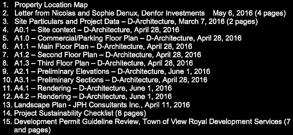 List of 15 project attachments including plans, renderings, and checklists