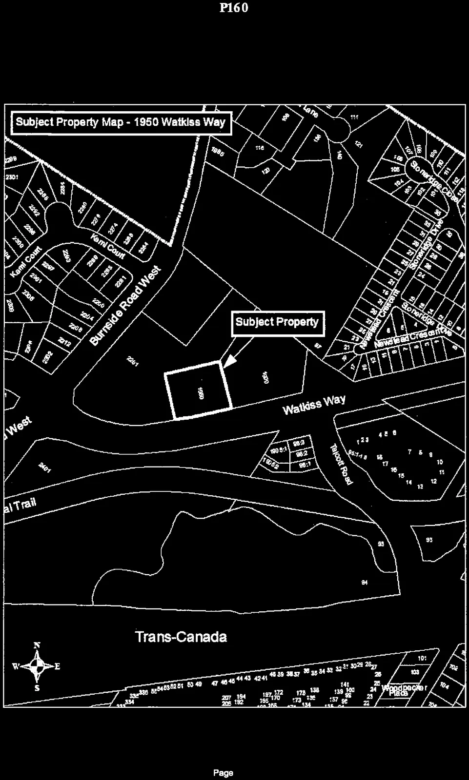 A location map titled "Subject Property Map - 1950 Watkiss Way" highlighting the "Subject Property" at 1950 Watkiss Way. The map shows the property situated near the intersection of Burnside Road West and Watkiss Way. Surrounding features include Kami Court, Talcott Road, Stoneridge Close, Stoneridge Drive, Newslead Crescent, and the Trans-Canada Highway to the south.