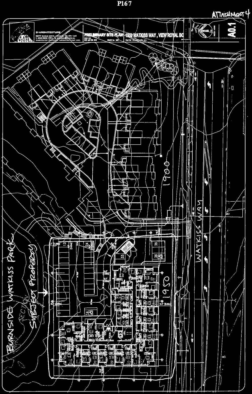 Preliminary site plan for 1950 Watkiss Way, showing a detailed building footprint with interior unit layouts, numbered parking stalls, topographic contour lines, and surrounding area labels.