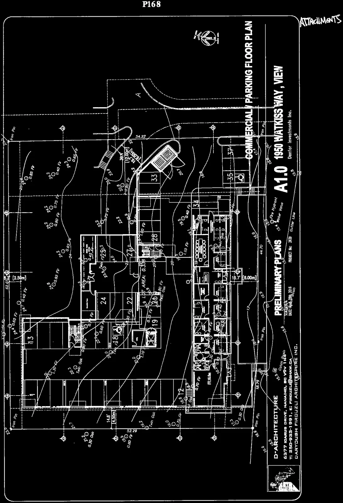 Preliminary Plans - Commercial Parking Floor Plan for 1950 Watkiss Way showing site contours ranging from 15.6 to 25.1, parking layout with stalls numbered up to 37, and locations of existing vegetation including Twin Oak and various Fir trees.