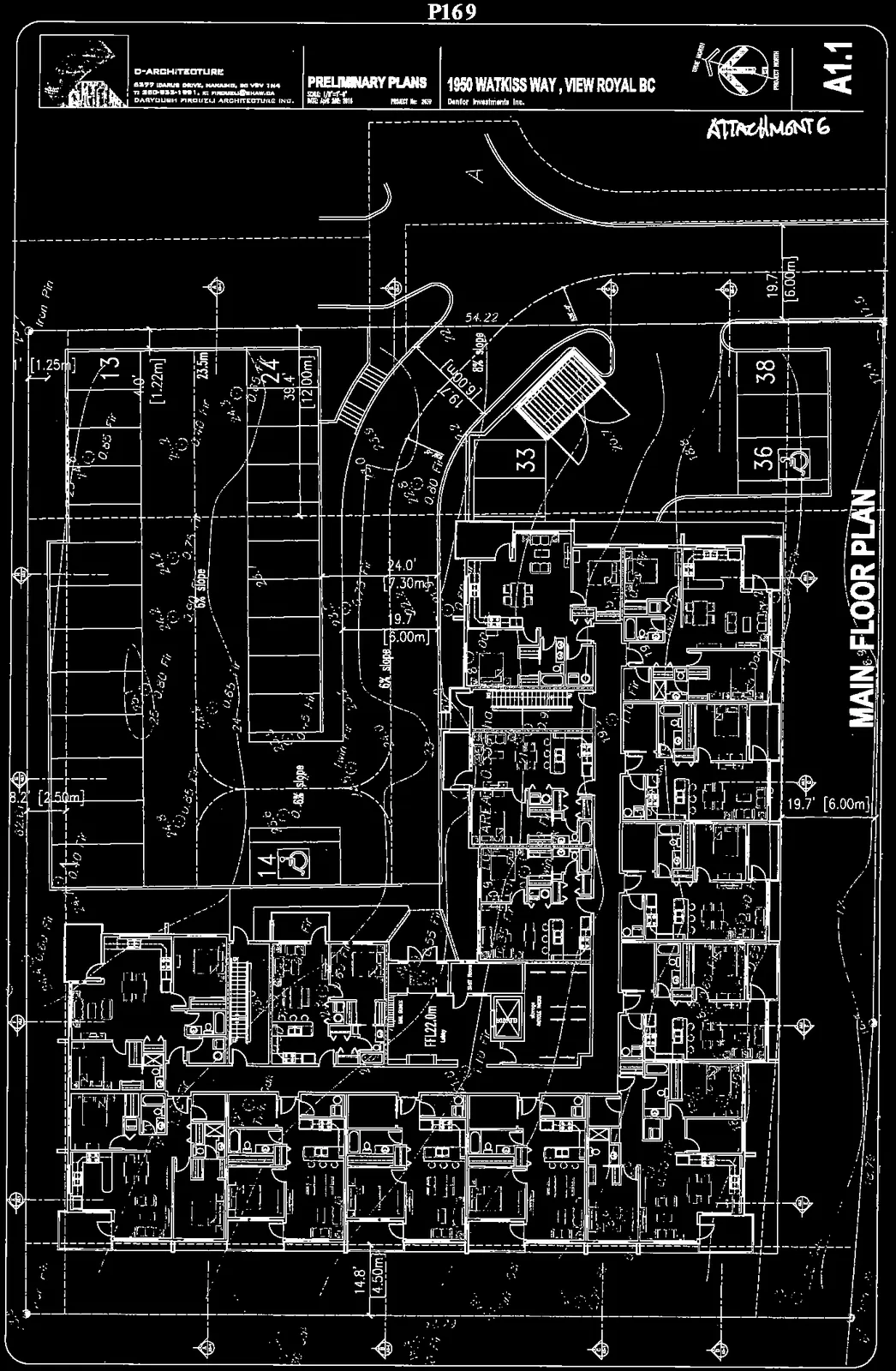 Preliminary Plans - Main Floor Plan for 1950 Watkiss Way showing the interior residential layout, common areas, and exterior parking/sloped driveway areas.