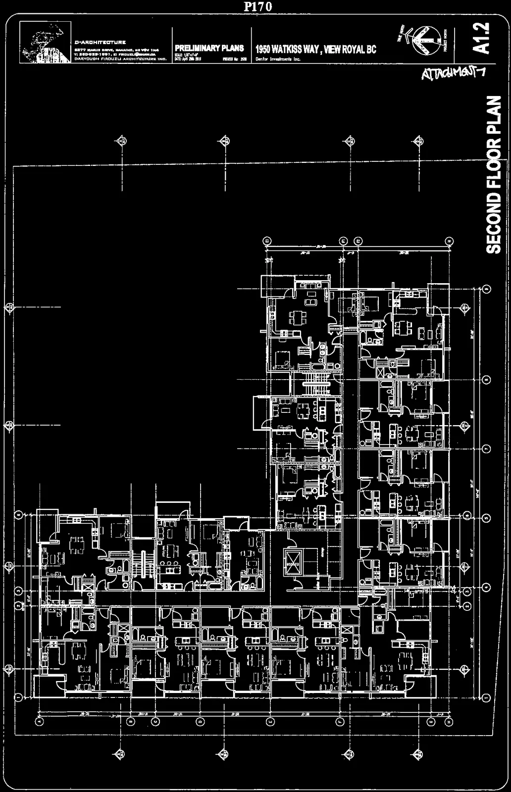 Preliminary Plans - Second Floor Plan for 1950 Watkiss Way showing a multi-unit residential floor layout with individual suites, balconies, and internal corridors.