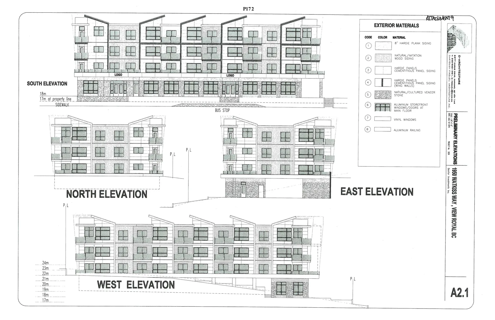Architectural drawing showing the South, North, East, and West elevations of a multi-story building located at 1950 Watkiss Way, including an exterior materials legend and height markers.