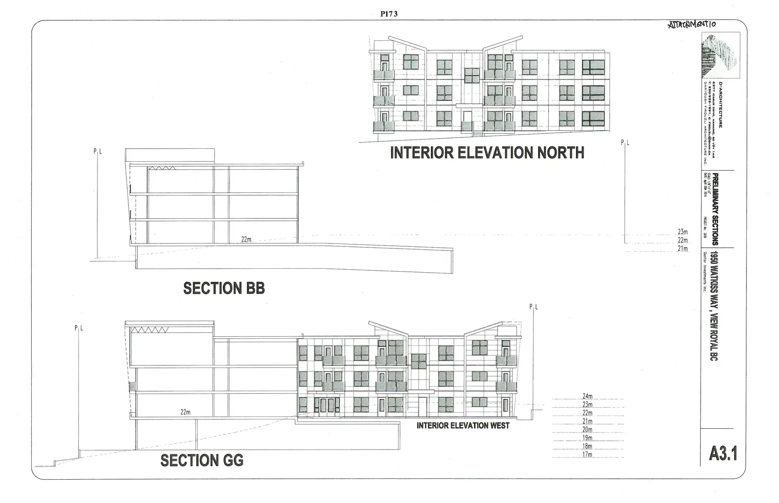 Interior Elevation North showing a four-story residential building facade with multiple balconies and sloped roof segments.