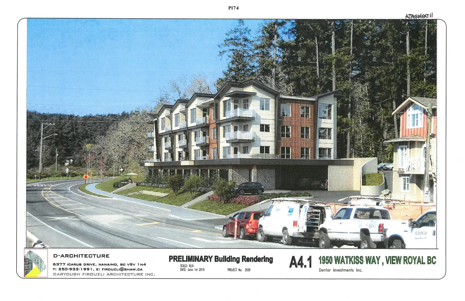 Preliminary building rendering showing a perspective view of the development at 1950 Watkiss Way, including the adjacent roadway and surrounding landscape.