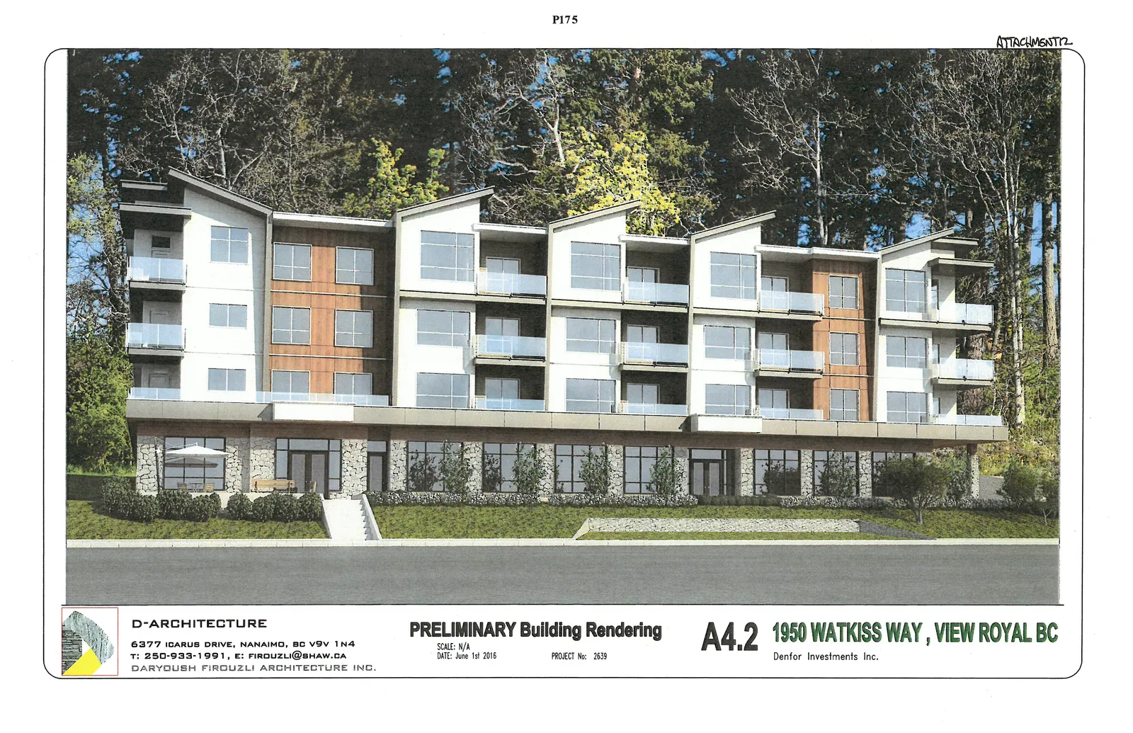 Preliminary building rendering showing a front elevation view of the multi-unit residential building proposed for 1950 Watkiss Way.