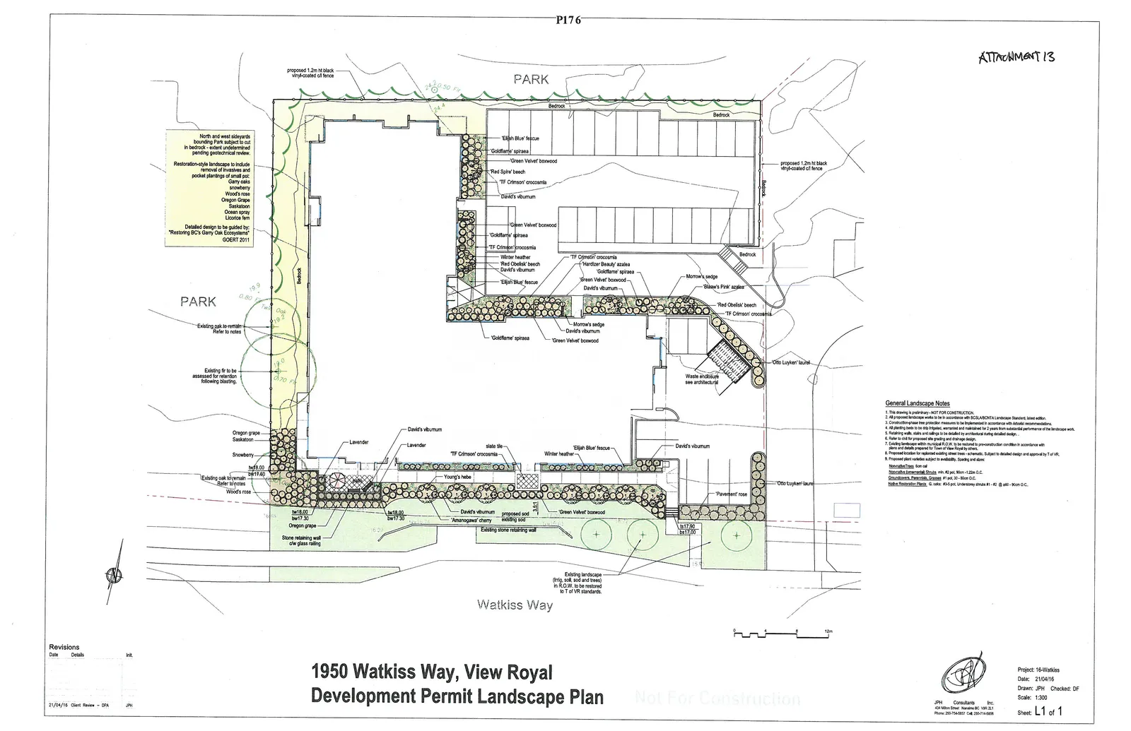 1950 Watkiss Way, View Royal Development Permit Landscape Plan map showing the building footprint, parking areas, landscape beds, and surrounding park boundaries.