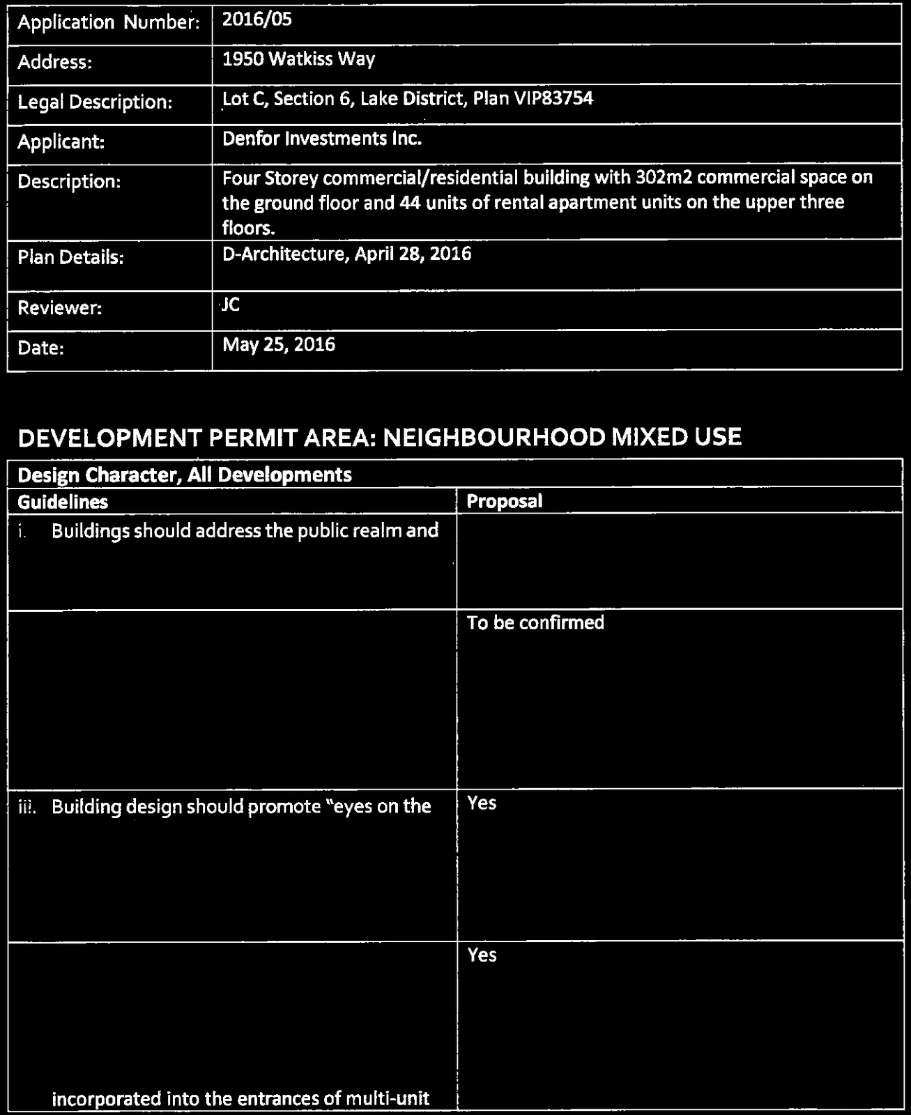 Project application details and start of Neighbourhood Mixed Use guidelines