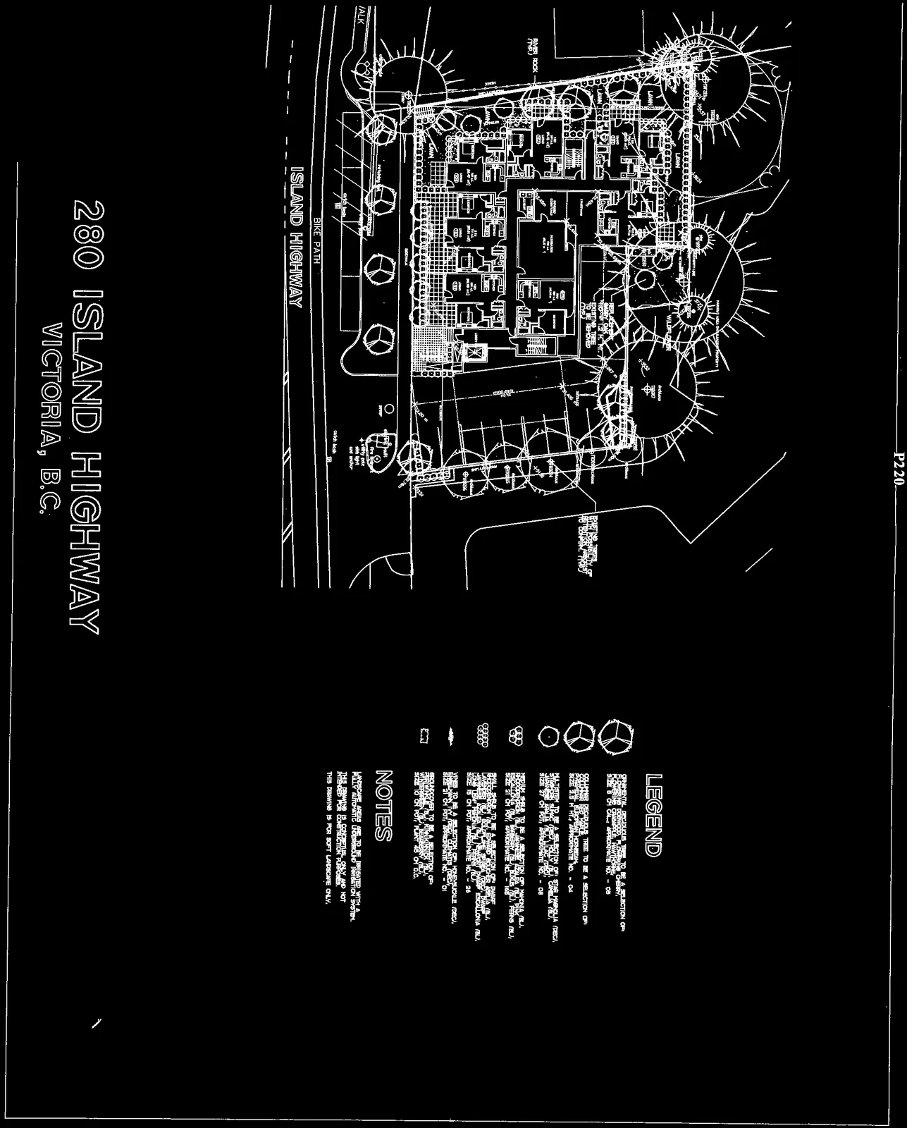 High-contrast landscape plan drawing for 280 Island Highway, showing building footprints, lawn areas, parking, bike path, and proposed plant locations.