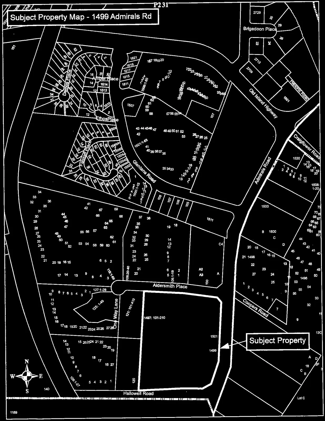 Detailed survey-style map showing property boundaries, lot numbers, and street layouts for the neighborhood surrounding 1499 Admirals Rd. The subject property is marked with an arrow pointing to lots 1499 and 1501.