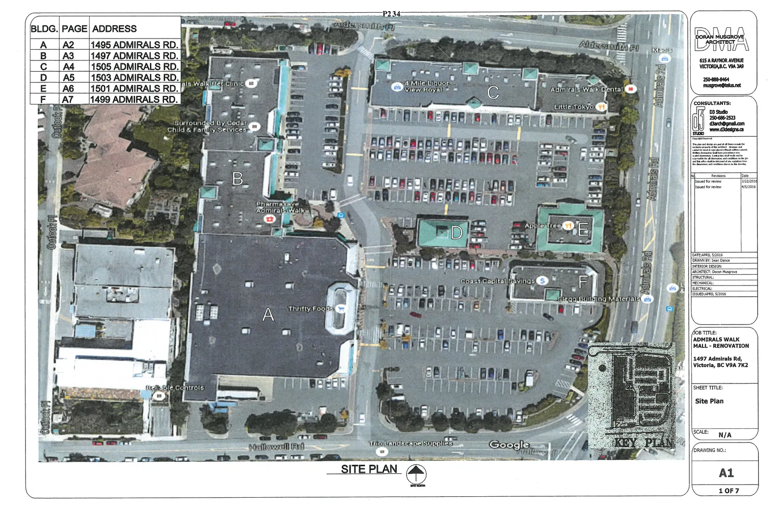 Site Plan aerial view with building labels A through F and a building schedule table