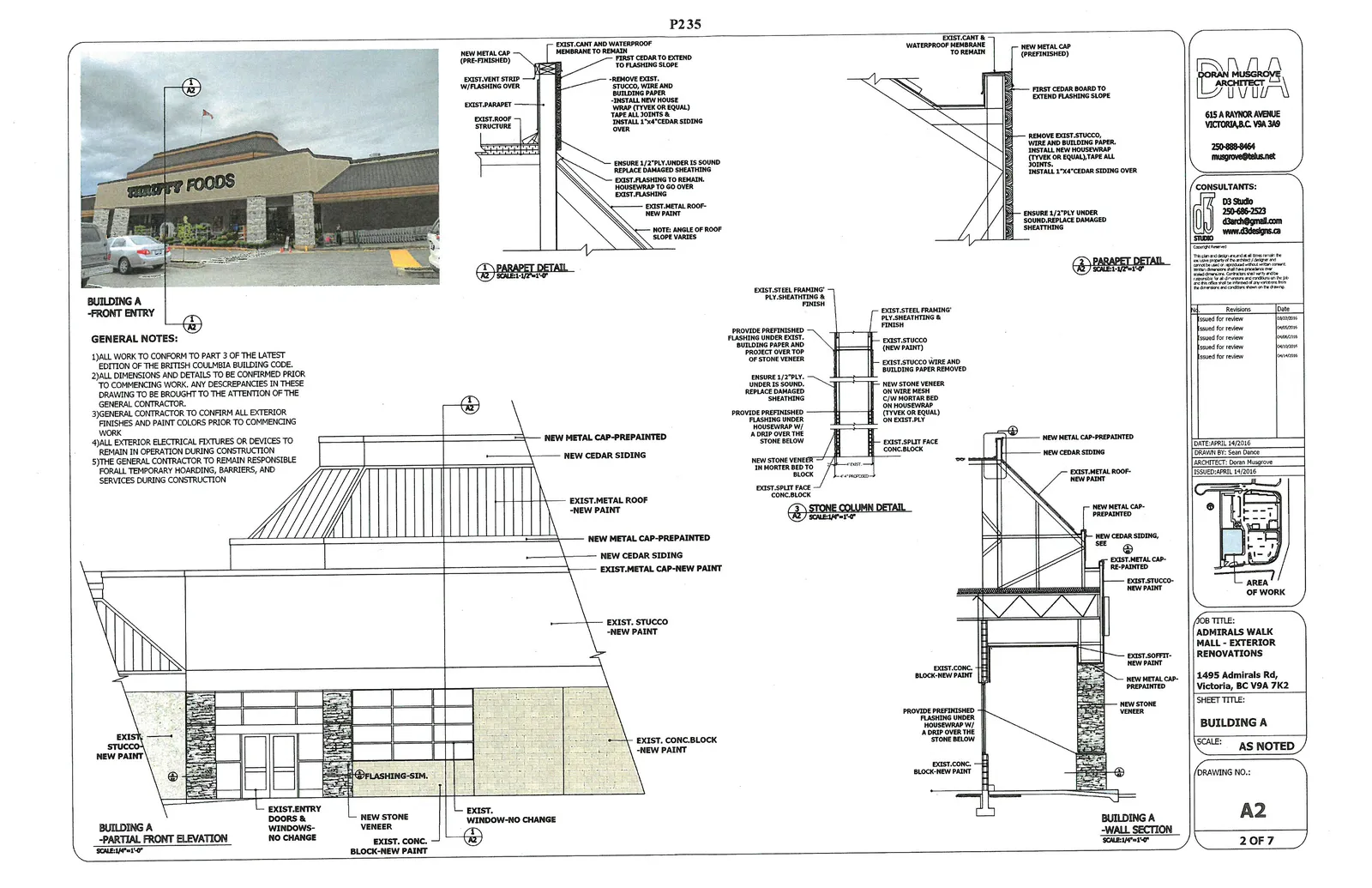 Building A documentation including a photo of the Thrifty Foods storefront, architectural elevations, and wall section details