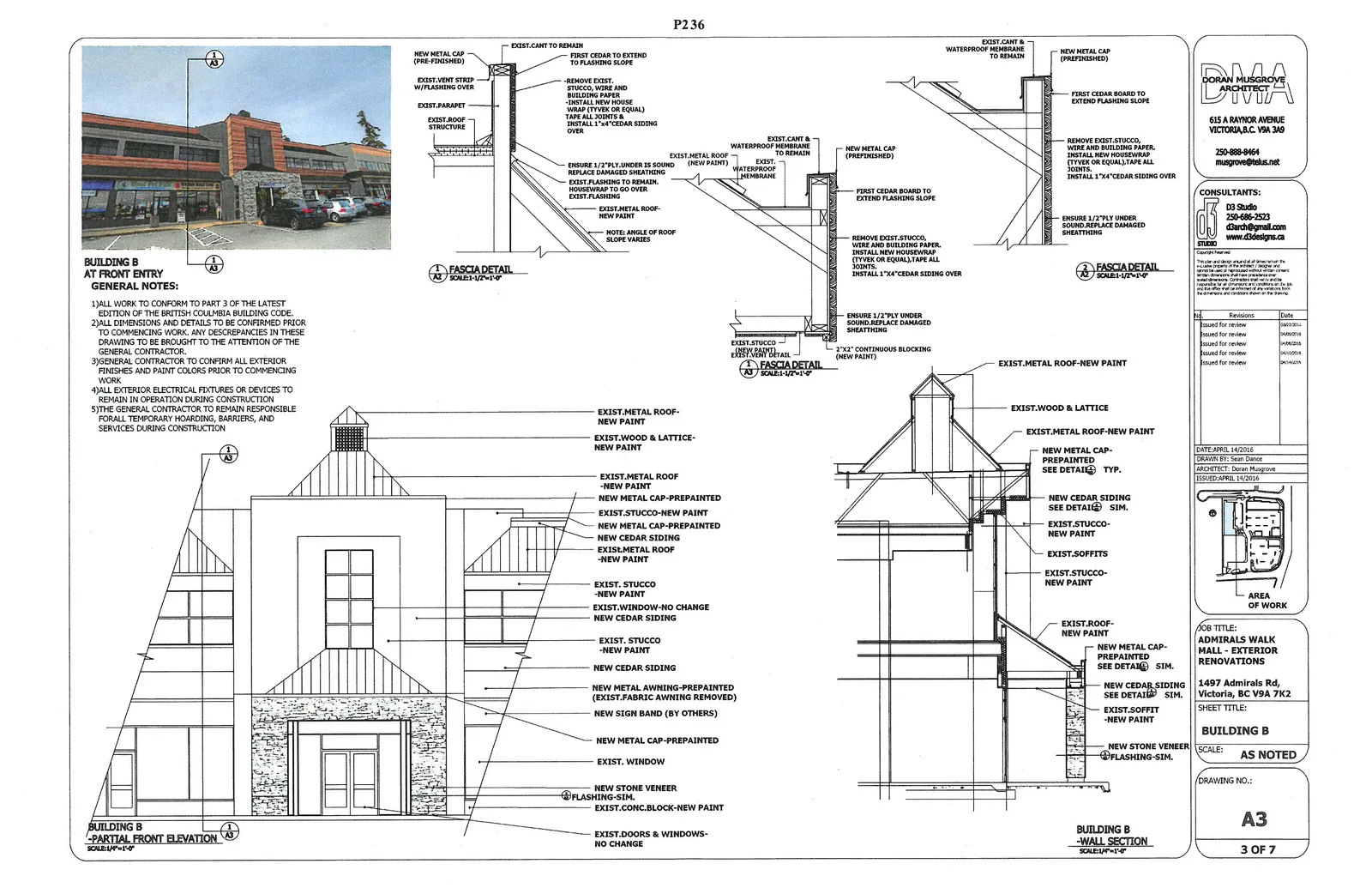 Building B documentation including a photo of the storefront with Pet Clinic and Pharmasave, partial front elevation, and wall section details