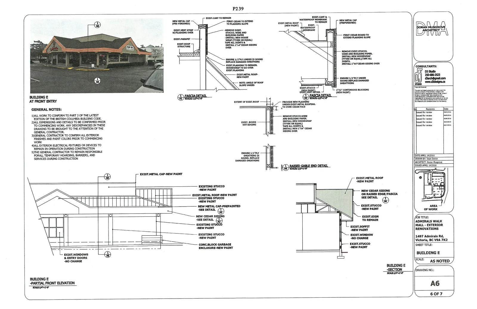 Building E documentation including a photo of the Apple Tree storefront, architectural partial front elevation, and section details