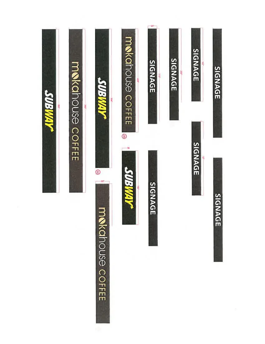 Graphic design layouts and dimensions for signage numbers 13 through 25, including generic placeholders and restaurant signs.