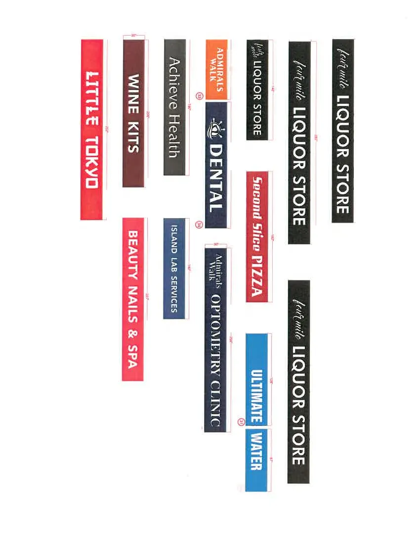Graphic design layouts and dimensions for signage numbers 26 through 40, including liquor store and various professional services.