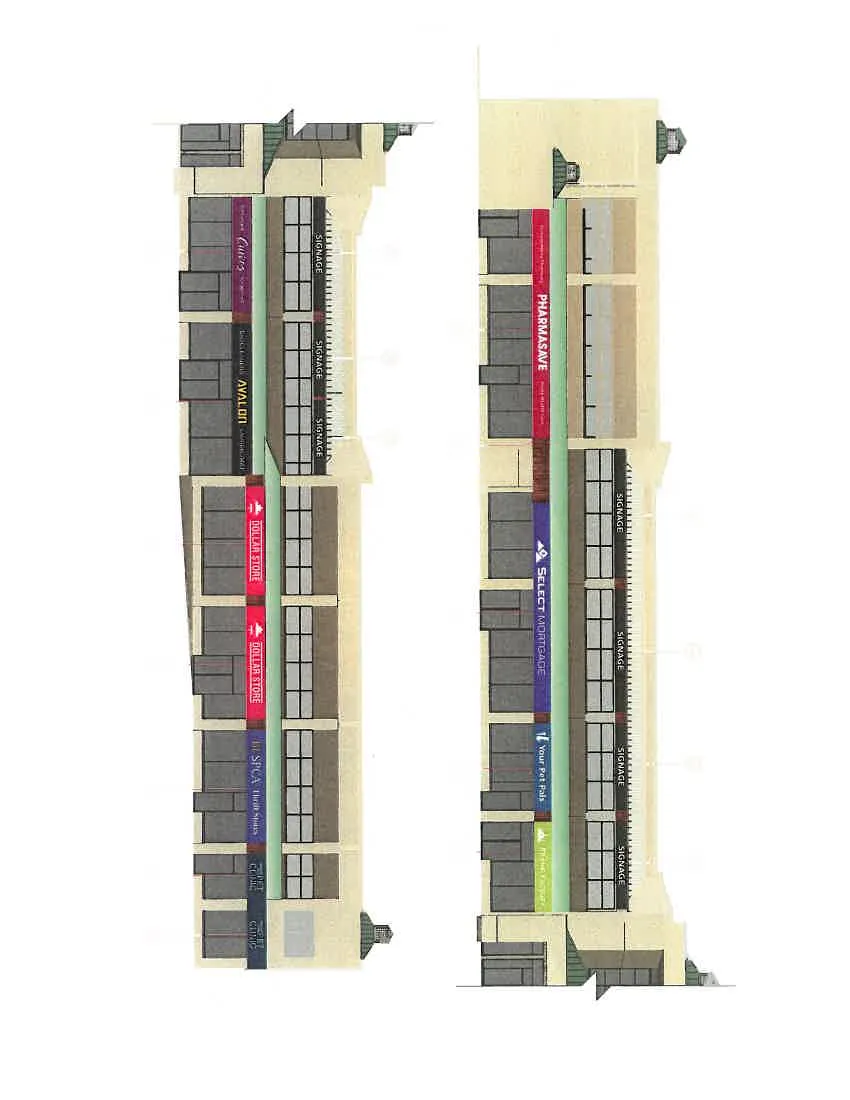 Architectural elevations showing the placement of signs 1 through 19 on the main building facade.