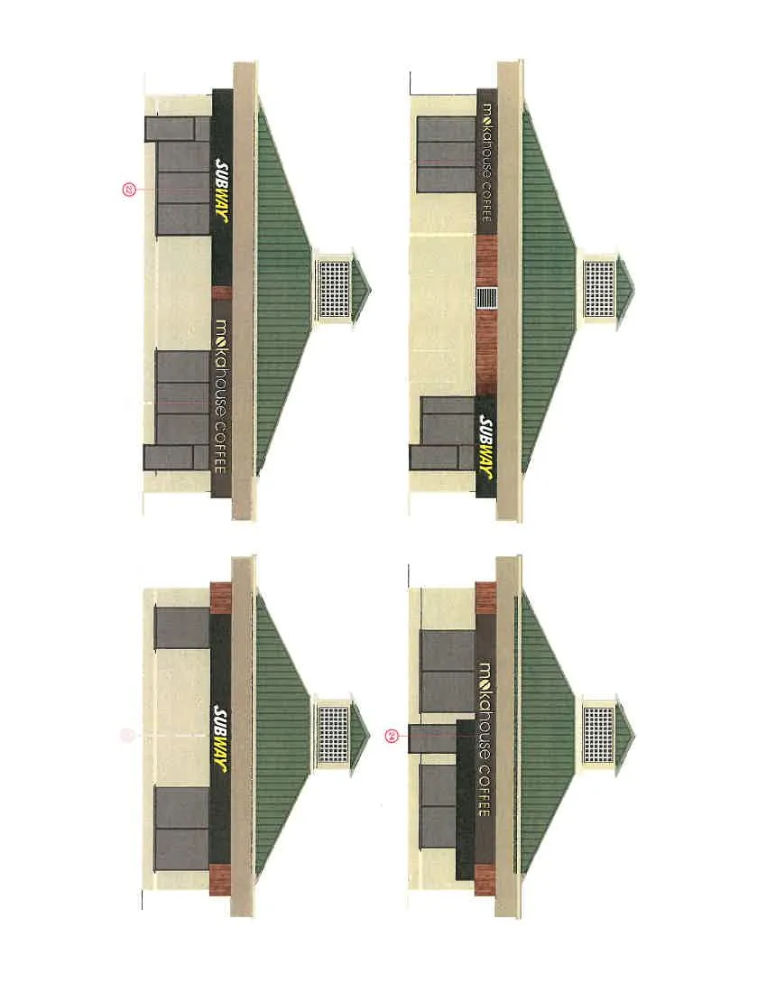 Architectural elevations showing the placement of signs 20 through 25 on the standalone coffee and restaurant building.