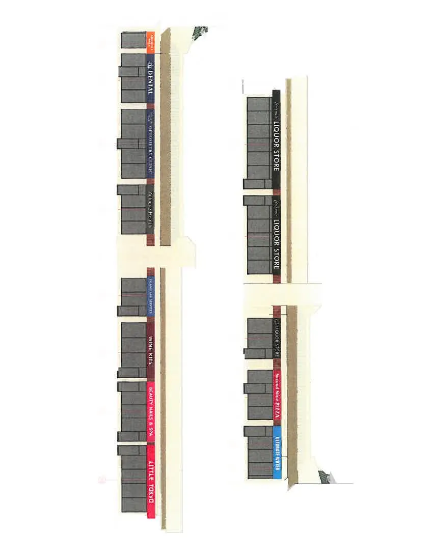 Architectural elevations showing the placement of signs 26 through 40 on the liquor store and adjacent service units.