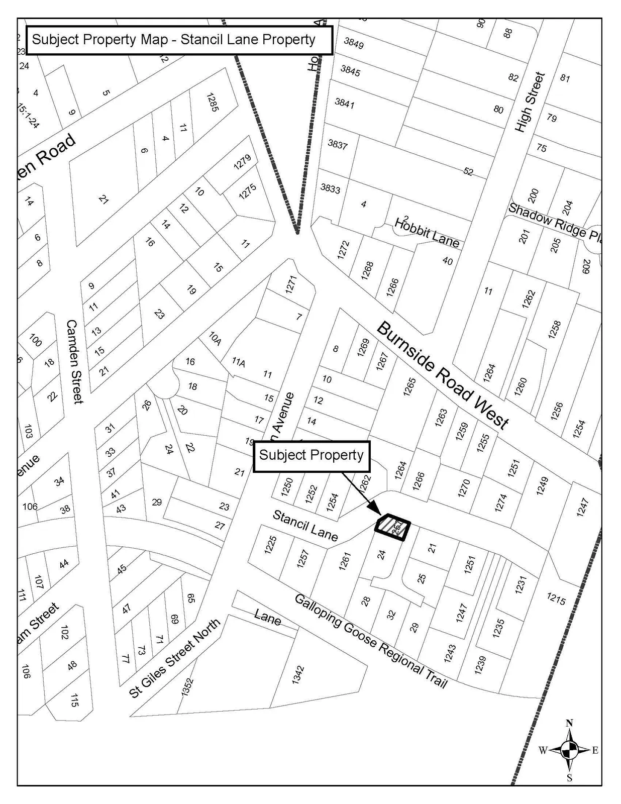 Subject Property Map - Stancil Lane Property. A map showing residential lots and streets including Burnside Road West, Stancil Lane, High Street, Shadow Ridge Pl, Hobbit Lane, and the Galloping Goose Regional Trail. The "Subject Property" is a shaded lot located near the intersection of Stancil Lane and Burnside Road West.