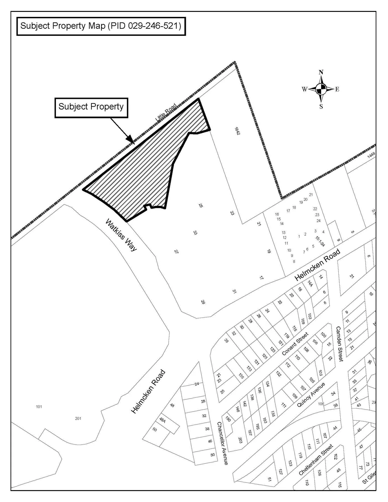 Map showing the Subject Property, a cross-hatched parcel of land bounded by Little Road and Watkiss Way, located near Helmcken Road and surrounding residential streets including Conard Street, Quincy Avenue, and Camden Street.