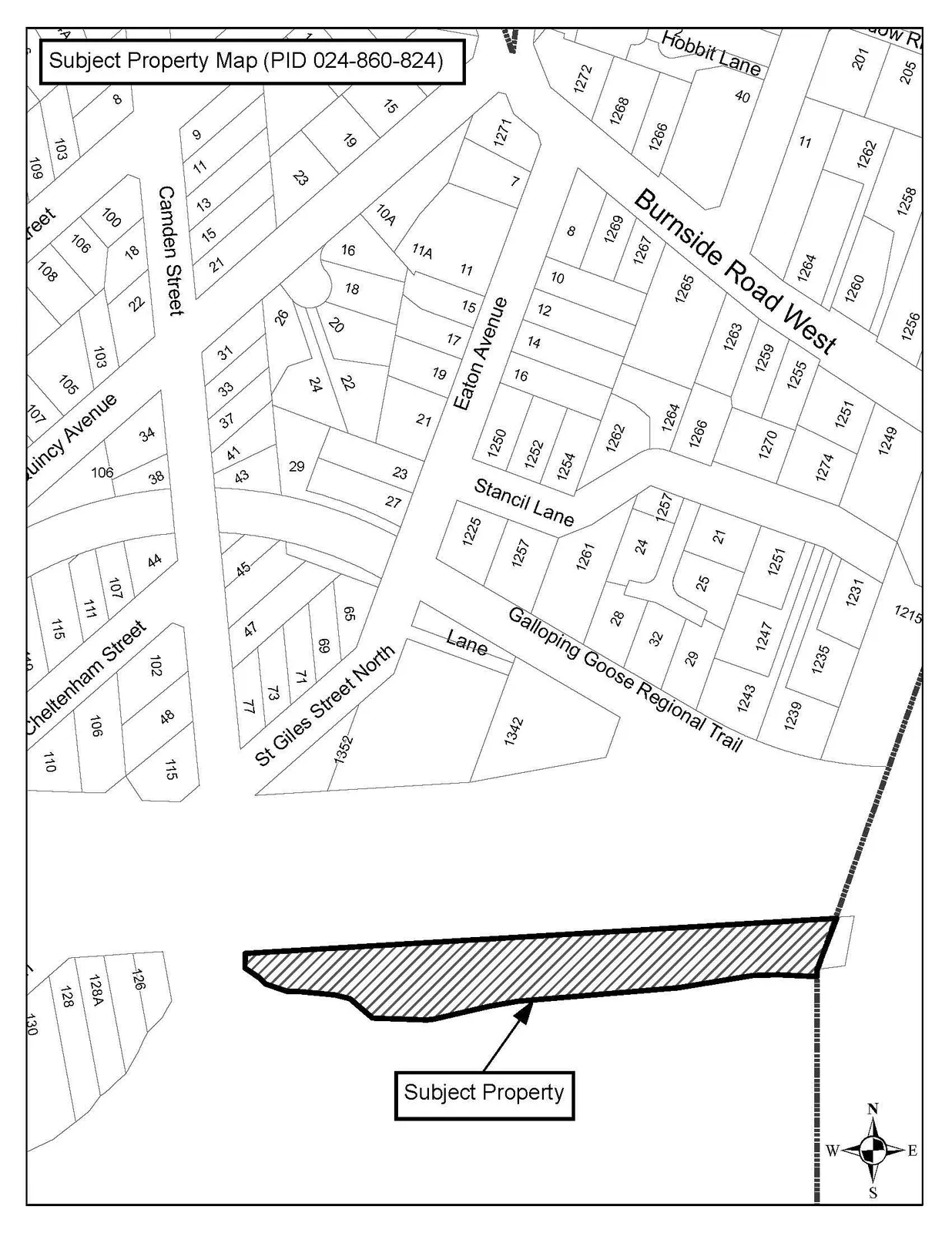 Map showing the location of the Subject Property, indicated by a hatched area, situated south of St Giles Street North and adjacent to the Galloping Goose Regional Trail. The map also shows surrounding streets including Burnside Road West, Eaton Avenue, Stancil Lane, Camden Street, Quincy Avenue, and Cheltenham Street.