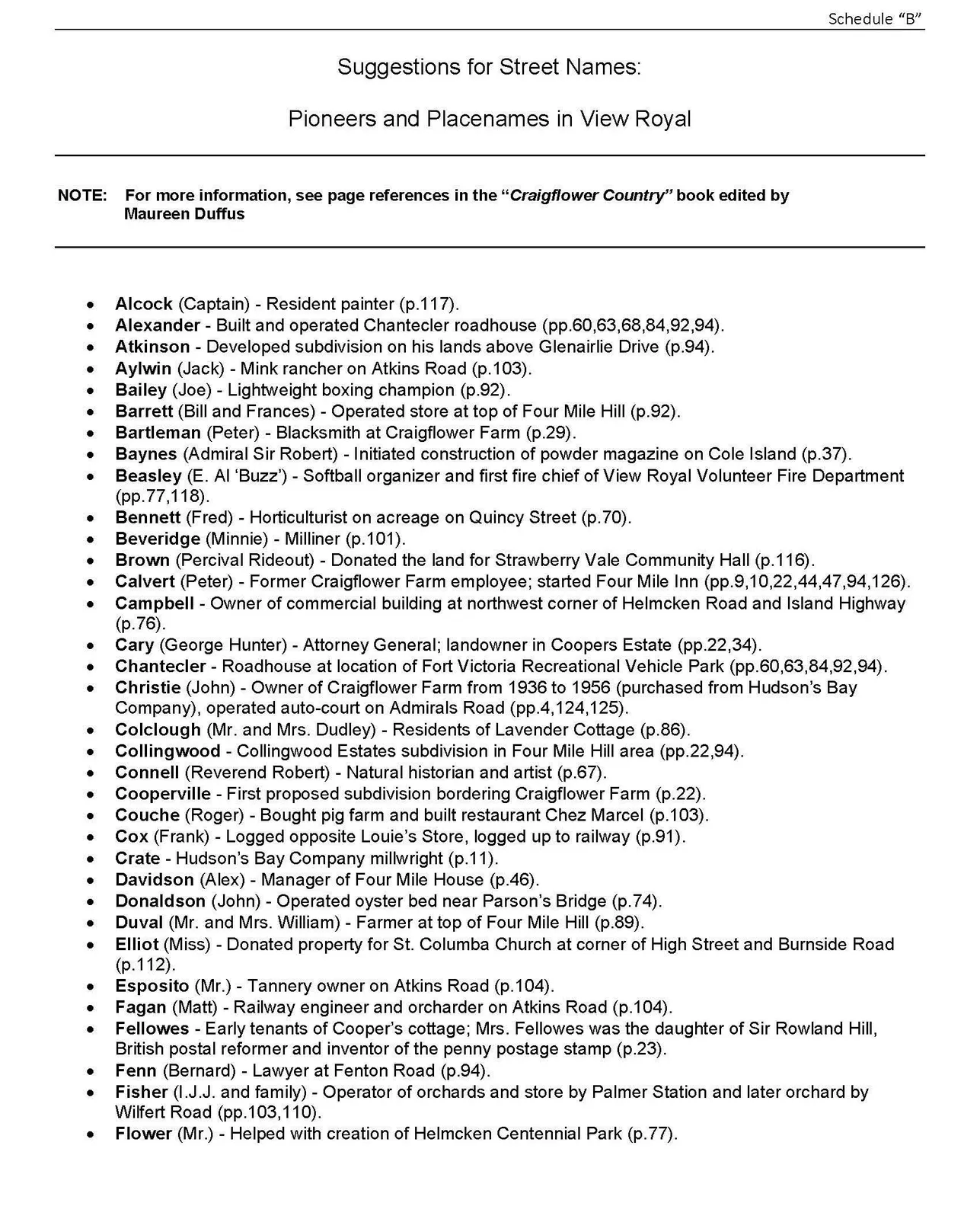 List of suggested street names for View Royal, from Alcock to Flower