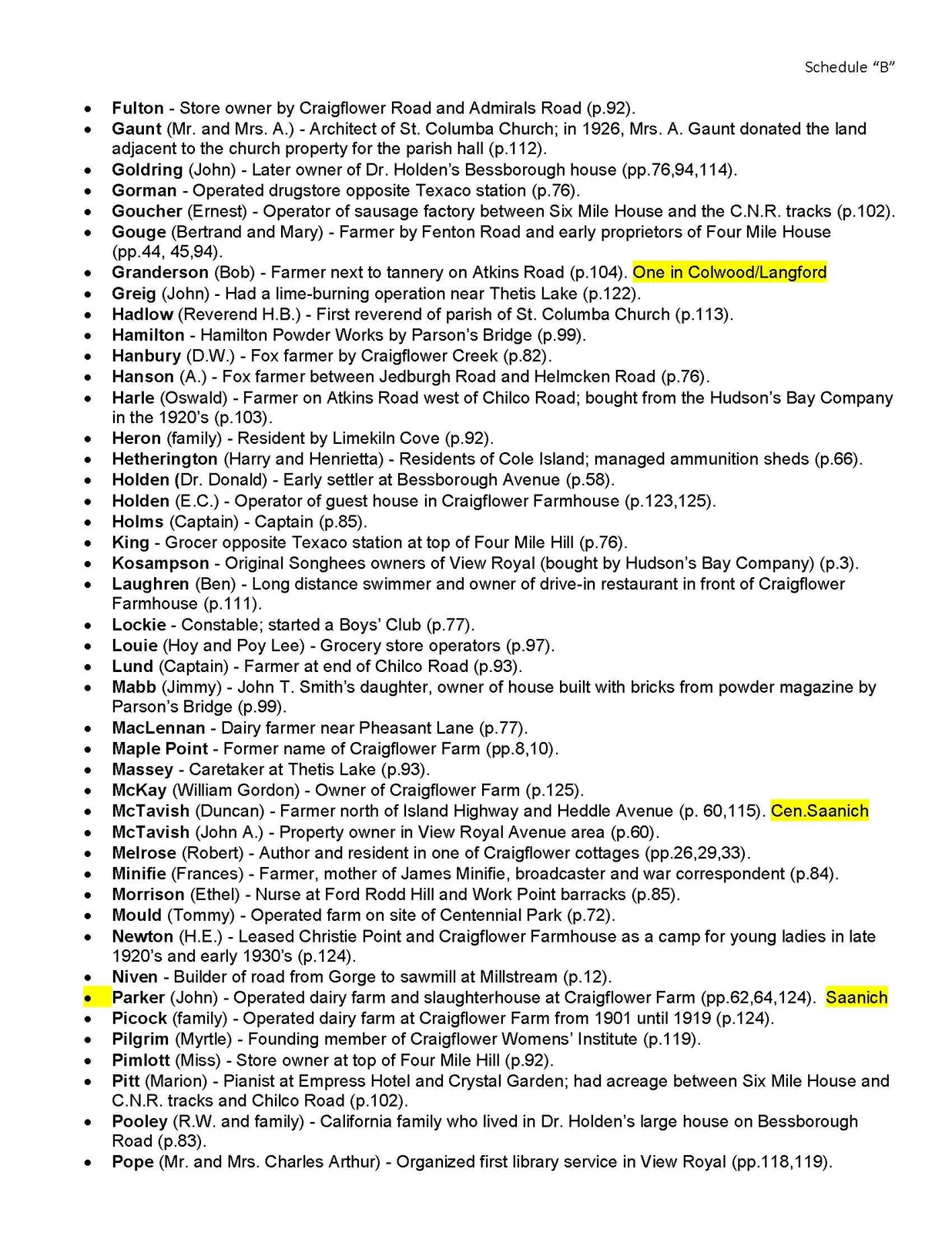 Continuation of the list of suggested street names for View Royal, from Fulton to Pope