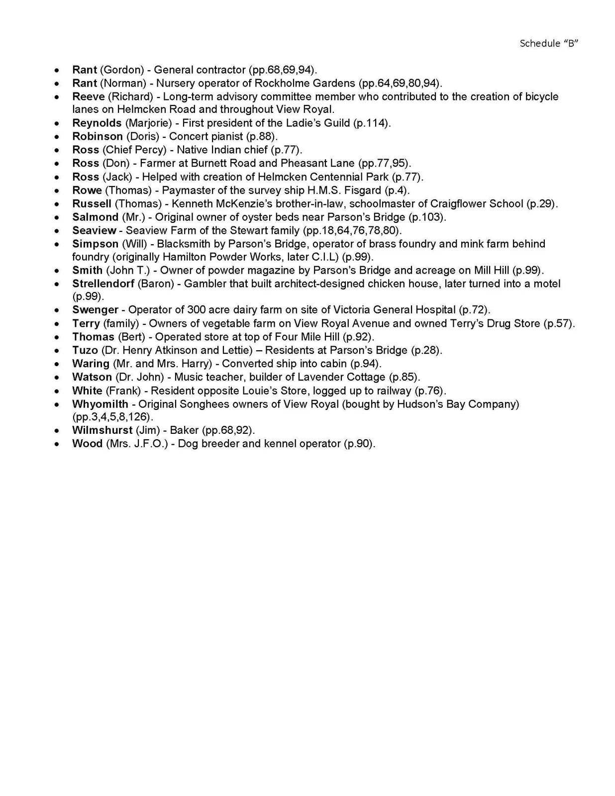 Conclusion of the list of suggested street names for View Royal, from Rant to Wood
