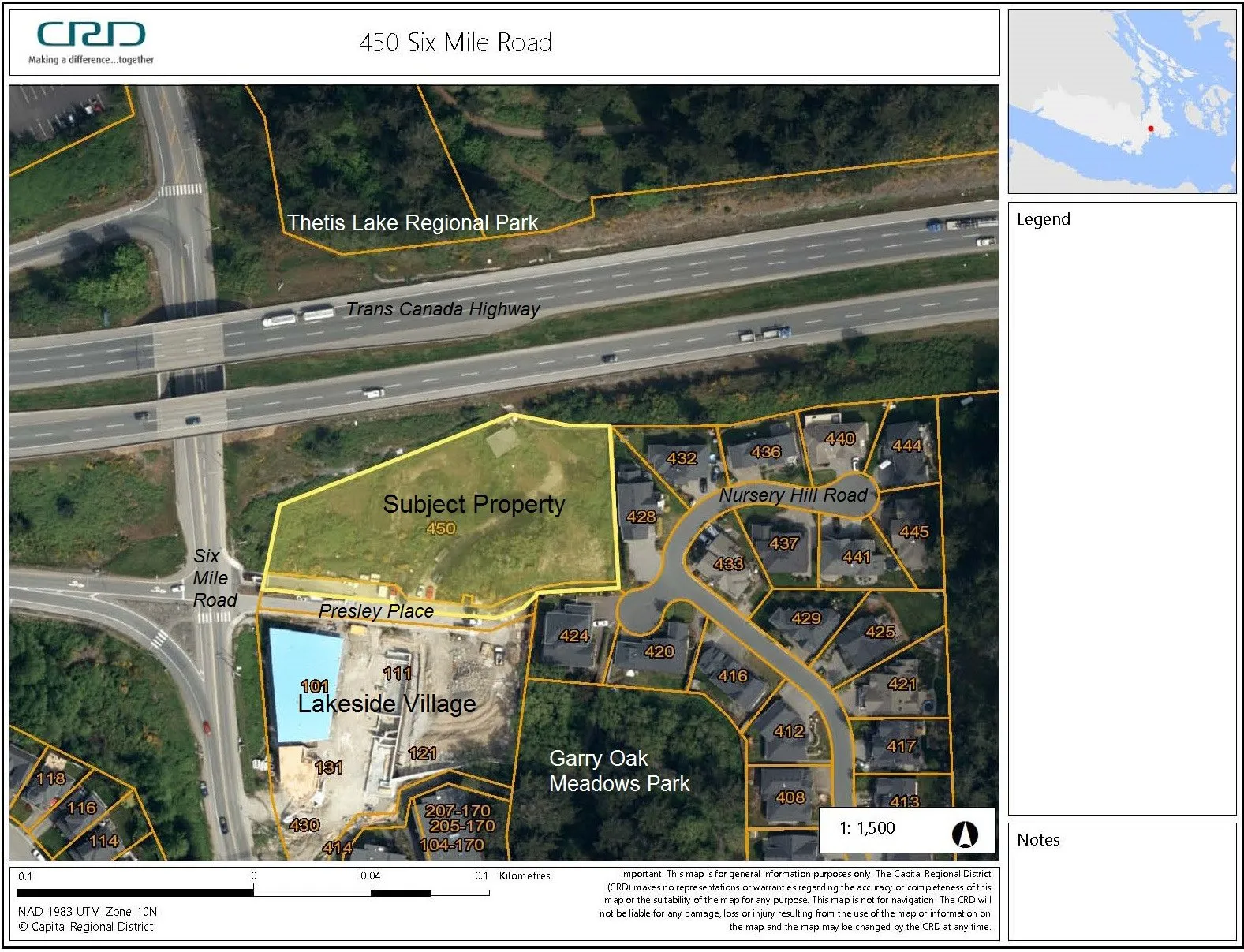 Aerial map identifying the Subject Property at 450 Six Mile Road, situated between the Trans Canada Highway/Thetis Lake Regional Park to the north and Garry Oak Meadows Park to the south. Other marked locations include Lakeside Village, Presley Place, and residential lots along Nursery Hill Road.