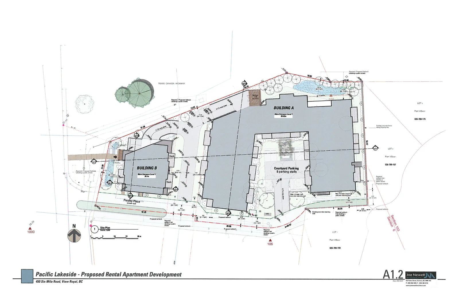Architectural site plan for a proposed rental apartment development at 450 Six Mile Road, detailing Building A, Building B, parking layouts, landscaping, and adjacent property lines.