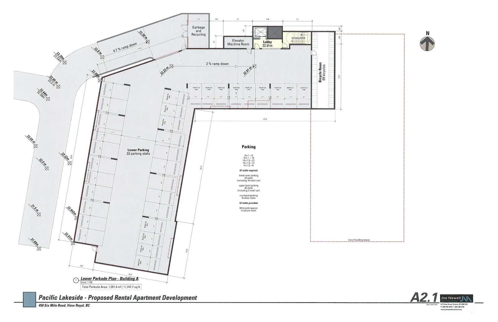 Architectural drawing of the Lower Parkade Plan for Building A, illustrating 33 parking stalls, a bicycle room, ramps, and utility spaces including garbage/recycling and elevator machine rooms.