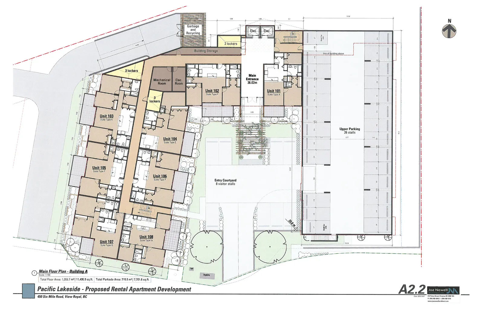 Architectural floor plan for the main floor of Building A, showing residential units 101-108, utility rooms, an entry courtyard with visitor parking, and a large upper parking area.