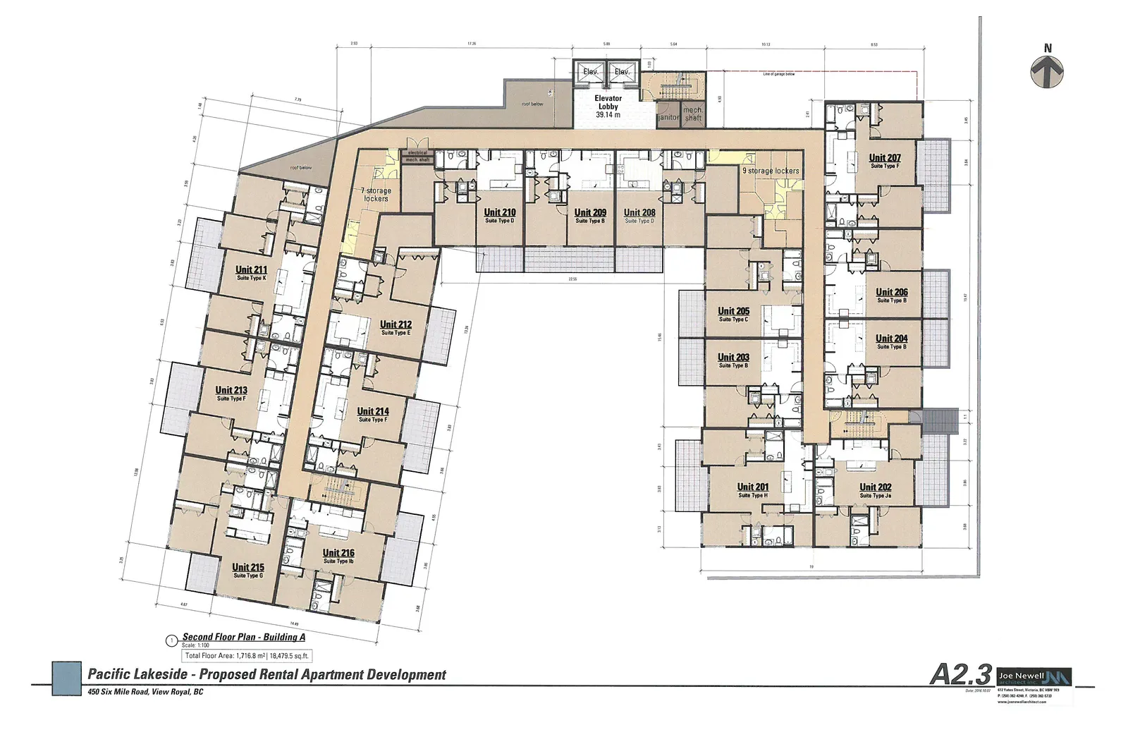 Second Floor Plan for Building A, featuring a U-shaped layout with individual unit designations, common areas, and dimensions.