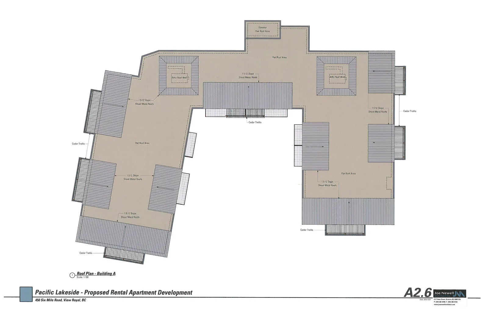 Architectural drawing of the Roof Plan for Building A, detailing various roof sections, slopes, and materials.